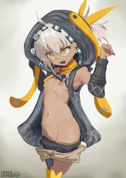  1girl absurdres ahoge artist_name bandana bandana_around_neck bandeau black_bandeau black_jacket black_sleeves black_thighhighs breasts brown_shorts cerealxs character_name cleft_of_venus clothes_pull collarbone commentary_request cowboy_shot dark-skinned_female dark_skin detached_sleeves fang girls&#039;_frontline green_eyes grey_hair hair_between_eyes hair_ornament hair_ribbon hands_up highres hood hood_up hooded_jacket jacket klin_(girls&#039;_frontline) loli navel nipples open_clothes open_mouth open_shorts ponytail pussy ribbon see-through_clothes see-through_jacket short_hair shorts shorts_pull simple_background single_thighhigh sleeveless sleeveless_jacket small_breasts solo teeth thighhighs uncensored v-shaped_eyebrows variant_set yellow_bandana yellow_pupils yellow_ribbon zipper 