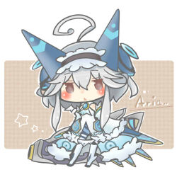  1girl ahoge black_eyes black_ribbon boots character_name chibi dress emil_chronicle_online frilled_dress frilled_hairband frills hairband holding holding_cannon holding_weapon homurabi horns jitome lowres mecha_musume mechanical_horns mitama_aria ribbon thigh_boots weapon white_boots white_dress white_hair 