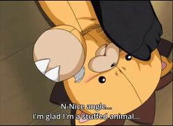  2004 anger_vein animated anime_screenshot arms_at_sides arrow_(symbol) bed bed_sheet bedroom black_hair black_socks bleach blush blush_stickers bow bowtie closet feet foot_out_of_frame from_above hair_between_eyes highres indoors japanese_(nationality) japanese_clothes kneehighs kon_(bleach) kuchiki_rukia kurosaki_ichigo open_mouth opening_door orikasa_fumiko pale_skin pervert pleated_skirt red_ribbon ribbon school_uniform short_hair shounen_jump shueisha sitting skirt socks sound standing stepped_on studio_pierrot stuffed_animal stuffed_toy subtitled tagme thumbs_up toes tv_tokyo upskirt v-shaped_eyebrows video viz_media voice_actor wooden_floor 