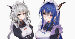  2girls alternate_costume apron arknights blue_hair blush ch&#039;en_(arknights) dragon_girl dragon_horns earrings enmaided grey_eyes grey_hair highres horns jewelry long_hair looking_at_viewer maid maid_apron maid_headdress multiple_girls red_eyes siblings sisters smile srpzk talulah_(arknights) white_background 