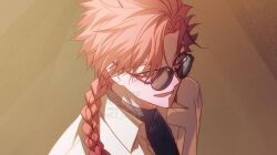  1boy black_shirt braid brown_background ez_rezero highres long_hair looking_at_viewer male_focus open_clothes open_mouth parted_bangs red_eyes red_hair round_eyewear shiguang_dailiren shirt single_braid smile solo sunglasses turtleneck upper_body watermark white_shirt xiao_weiying 
