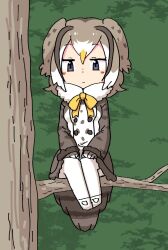  1girl bird_girl brown_hair forest forest_owlet_(kemono_friends) head_wings in_tree kemono_friends multicolored_hair nature owl_girl pozesuke ribbon sitting sitting_in_tree tree wings 
