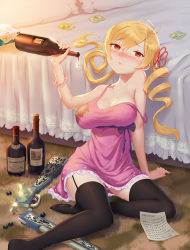 1girl alcohol arm_support bare_shoulders bead_bracelet beads bed black_thighhighs blonde_hair blush bottle bracelet breasts closed_mouth collarbone commentary_request condom condom_wrapper covered_erect_nipples crying crying_with_eyes_open dress drill_hair drink dripping female_focus full_body garter_straps gun hair_ornament hand_up indoors jewelry letter lisong_shen long_hair looking_at_viewer mahou_shoujo_madoka_magica mahou_shoujo_madoka_magica_(anime) medium_breasts musket no_bra nose_blush off_shoulder paper parted_bangs pillow red_eyes rifle short_dress sitting solo strap_slip tears thighhighs thighs tissue tissue_box tomoe_mami translation_request twin_drills twisted_torso underage_drinking weapon wet wet_clothes wet_dress wine wine_bottle zettai_ryouiki rating:Questionable score:54 user:danbooru