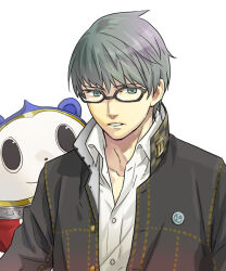  2boys black-framed_eyewear black_jacket collared_shirt glasses grey_eyes grey_hair jacket koaki kuma_(persona_4) looking_at_viewer male_focus mascot_costume multiple_boys narukami_yu parted_lips persona persona_4 school_uniform shirt short_hair smile solo_focus upper_body white_background white_shirt yasogami_school_uniform 