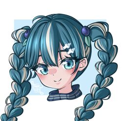  1girl ashynyuu blue_eyes blue_hair blush braid cropped_head dated finland finnish_miku_(doodlelotl) food-themed_hair_ornament fruit_hair_ornament hair_ornament hairclip hatsune_miku looking_at_viewer multicolored_hair portrait smile solo streaked_hair twin_braids vocaloid worldwide_miku 