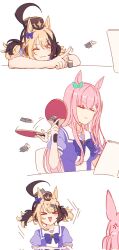  2girls animal_ears blonde_hair brown_hair dress ear_covers ear_ornament gigi_murin gold_ship_(umamusume) highres hololive hololive_english horse_ears horse_girl horse_tail hyurisaki joints kemonomimi_mode mejiro_mcqueen_(umamusume) meme mori_calliope multicolored_hair multiple_girls orange_hair pink_eyes pink_hair purple_dress school_uniform single_ear_cover streaked_hair tail tracen_school_uniform two-tone_hair umamusume virtual_youtuber 