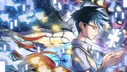  1boy absurdres akamine_naoki artist_name blue_hair closed_eyes collared_shirt commentary digimon digimon_adventure english_commentary fish from_side glasses highres kido_jo male_focus mixed-language_commentary over-rim_eyewear profile semi-rimless_eyewear shell shirt short_sleeves white_shirt zudomon 