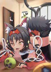  +_+ 1girl 1other absurdres all_fours animal_ear_fluff animal_ears armpit_crease bell black_hair black_thighhighs blush carpet cat_ears cat_girl cat_tail commentary_request detached_sleeves facing_viewer fang fingerless_gloves from_side fur_trim gloves hair_ribbon hairband hiding highres holding holding_phone indoors looking_at_object metal_hairband motion_lines multiple_tails neck_bell nekomiya_mana on_floor open_door open_mouth phone poster_(object) ribbon solo_focus sparkle sparkling_eyes sweat sweatdrop tail tail_raised thighhighs top-down_bottom-up two_tails window yuuji1189 zenless_zone_zero 