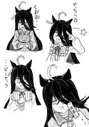  1girl absurdres ahoge angry animal animal_ears blush bow cat collarbone ear_tag earrings frilled_shirt frills hair_between_eyes highres holding holding_animal holding_cat horse_ears horse_girl jewelry kimihitsuji long_bangs long_hair_between_eyes long_sleeves manhattan_cafe_(umamusume) multicolored_hair object_to_cheek one_eye_closed open_mouth school_uniform serafuku shirt simple_background single_earring smile solo star_(symbol) sweatdrop test_tube tracen_school_uniform translation_request umamusume white_background 