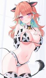  1girl absurdres animal_ears animal_print bell bikini breasts cleavage cow_ears cow_horns cow_print cow_print_bikini cow_print_thighhighs cow_tail gloves gradient_hair highres hololive hololive_english horns large_breasts looking_at_viewer multicolored_hair neck_bell orange_hair print_bikini print_thighhighs purple_eyes solo swimsuit tail takanashi_kiara thighhighs two-tone_hair virtual_youtuber zxcsque 