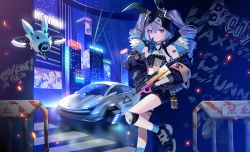  1girl absurdres black_footwear black_gloves black_jacket black_shorts blue_gloves bronya_zaychik bronya_zaychik_(haxxor_bunny) character_request company_name copyright_request drill_hair fu_hua fu_hua_(phoenix) gloves grey_eyes grey_hair gun highres holding holding_gun holding_weapon jacket kiana_kaslana kiana_kaslana_(divine_prayer) knee_pads long_hair long_sleeves looking_at_viewer multicolored_gloves robot short_shorts shorts translation_request twin_drills weapon zhuxiao517 