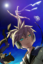  2boys blonde_hair blue_eyes blue_hair censored convenient_censoring day emamu headphones jumping kagamine_len kaito_(vocaloid) male_focus multiple_boys naked_scarf nude pants scarf sky split sugikiyu sun vocaloid 