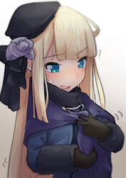  1girl ? absurdres aqua_eyes beret black_hat blonde_hair blue_dress blue_jacket blue_scarf blush breasts brown_gloves cropped_jacket deko_morii dress fate_(series) flower fur_collar gloves grey_flower grey_rose hat highres jacket long_hair long_sleeves looking_at_viewer lord_el-melloi_ii_case_files open_mouth reines_el-melloi_archisorte rose scarf sidelocks small_breasts solo tilted_headwear 