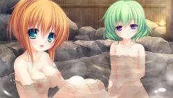 2girls blue_eyes breasts female_focus game_cg green_hair highres justy_x_nasty kagami_hibiki kamui_mikaru medium_breasts mikagami_mamizu multiple_girls navel nipples nude onsen orange_hair partially_submerged purple_eyes short_hair small_breasts smile steam water wet rating:Explicit score:37 user:danbooru