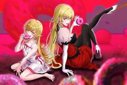  2girls 510_goto back bare_shoulders barefoot black_pantyhose black_ribbon blonde_hair blush blush_stickers breasts cleavage collarbone donut dress eating elbow_gloves fangs feather-trimmed_dress feather-trimmed_gloves feather_trim food gloves hair_ribbon high_heels highres holding holding_donut holding_food kiss-shot_acerola-orion_heart-under-blade kizumonogatari large_breasts leg_up long_hair looking_at_viewer monogatari_(series) multiple_girls open_mouth oshino_shinobu pantyhose pointy_ears red_dress red_eyes ribbon sitting smile strapless strapless_dress vampire very_long_hair white_gloves yellow_eyes 