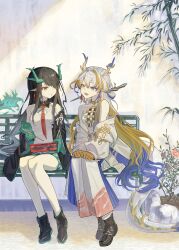  2girls :d absurdres arknights bamboo bare_shoulders bead_bracelet beads black_boots black_collar black_jacket blonde_hair blue_hair boots bracelet breasts brown_shoes chopsticks cleavage_cutout clothing_cutout collar colored_extremities colored_skin day detached_collar dragon_girl dragon_horns dress dusk_(arknights) earrings eastern_dragon_horns eastern_dragon_tail eating eyeliner flower full_body green_eyes green_horns green_skin grey_hair hair_ornament hair_over_one_eye hair_stick hands_on_own_knees highres holding holding_chopsticks horns jacket jewelry leaning_to_the_side long_hair long_sleeves looking_at_another makeup multicolored_hair multiple_girls natsuba002 necktie off_shoulder on_bench open_clothes open_jacket open_mouth orange_eyeliner orange_pupils outdoors pants plant pointy_ears pout red_eyes red_flower red_necktie shirt shoes short_dress shu_(arknights) siblings sisters sitting small_breasts smile strapless strapless_shirt sweat tail tassel tassel_earrings tube_top very_long_hair white_dress white_pants white_tube_top yellow_skin 