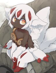 1girl animal_ears brown_goggles claws commentary_request dagasi dark-skinned_female dark_skin extra_arms faputa furry furry_female goggles highres long_hair looking_at_viewer made_in_abyss multiple_tails open_mouth sitting solo tail unworn_goggles white_fur white_hair yellow_eyes 