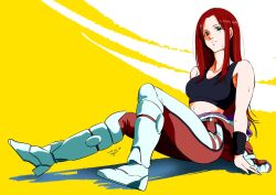  1girl 2016 artist_name black_sports_bra breasts christina_mackenzie commentary_request dated earth_federation earth_federation_space_forces green_eyes gundam gundam_0080 highres long_hair looking_at_viewer mecha_pilot_suit midriff military normal_suit_(gundam) pgmajimaji red_hair science_fiction sitting solo sports_bra 