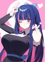 1girl absurdres black_dress blue_bow blue_eyes bow breasts closed_mouth collared_dress colored_inner_hair double_middle_finger dress heart highres huge_breasts long_hair long_sleeves looking_at_viewer middle_finger multicolored_hair one_eye_closed panty_&amp;_stocking_with_garterbelt pink_background pink_hair purple_hair solo stocking_(psg) taiyaki12 two-tone_hair  rating:Sensitive score:4 user:danbooru