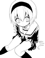  1girl artist_request headband jashin-chan_dropkick kneehighs looking_at_viewer looking_up monochrome pekora_(jashin-chan_dropkick) sailor_collar school_uniform short_hair skirt socks solo solo_focus thighs  rating:General score:7 user:anon999654