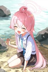  1girl :d ahoge animal black_skirt blue_archive blue_necktie blush closed_eyes collared_shirt commentary crab fang full_body hair_between_eyes halo highres holding holding_animal hoshino_(blue_archive) kneeling long_hair long_sleeves necktie onakkasuita open_mouth outdoors pink_hair pink_halo pleated_skirt rock shirt skin_fang skirt smile solo very_long_hair water wet white_shirt 