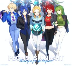  5girls absurdres alternate_costume aqua_ribbon black_choker black_gloves black_jacket black_pants blonde_hair blue_eyes blue_jacket blue_pants blue_shirt catria_(fire_emblem) choker clothing_cutout collarbone collared_shirt commentary commission contemporary denim english_commentary english_text fingerless_gloves fire_emblem fire_emblem:_mystery_of_the_emblem fire_emblem:_three_houses fire_emblem_engage fur_trim gloves green_eyes green_hair green_sweater hair_ribbon hand_in_pocket helmet highres ingrid_brandl_galatea jacket jeans locked_arms long_hair long_sleeves merrin_(fire_emblem) midriff minerva_(fire_emblem) motor_vehicle motorcycle motorcycle_helmet multiple_girls navel nintendo open_clothes open_jacket palla_(fire_emblem) pants pocket red_eyes red_hair red_shirt ribbon shirt short_hair silvercandy_gum smile sunglasses sweater turtleneck turtleneck_sweater twitter_username unworn_eyewear white_pants 