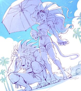  1boy 1girl animal_ears bird blue_sky cat_ears cat_girl cat_tail cloud cloudy_sky coconut_tree darkstalkers eyewear_on_head felicia_(darkstalkers) furry furry_male holding holding_umbrella jon_talbain looking_at_another looking_down looking_up ooobxdooo palm_tree partially_colored pawpads sky squatting sunglasses tail tree umbrella werewolf wolf_boy wolf_ears wolf_tail 