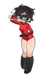  1girl batman_(series) batrobin_k belt black_hair black_mask blue_eyes bottomless breasts christmas dc_comics domino_mask fang genderswap genderswap_(mtf) highres holding holding_mistletoe leotard mask mistletoe red_leotard robin_(batrobin_k) robin_(dc) short_hair simple_background skin_fang small_breasts sweater turtleneck turtleneck_sweater white_background 