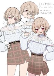  1girl absurdres blush brown_hair cowboy_shot doyagao earrings furen_e_lustario furen_e_lustario_(4th_costume) halterneck hand_on_own_hip highres jewelry multiple_views necklace nijisanji off-shoulder_sweater off_shoulder plaid_clothes plaid_skirt pom_pom_(clothes) red_eyes see-through_clothes shu_mascarat simple_background skirt smug solo sweater turtleneck virtual_youtuber white_background white_sweater 