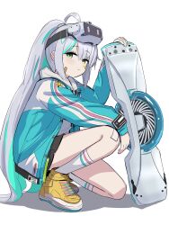  1girl absurdres ahoge aqua_jacket bandaid bandaid_on_cheek bandaid_on_face bandaid_on_knee bandaid_on_leg black_skirt closed_mouth drawstring epinel_(nikke) from_side full_body goddess_of_victory:_nikke green_eyes green_hair grey_hair hair_ornament head-mounted_display high_tops highres holding hood hood_down hoodie hoverboard jacket kwiiwk1 long_hair long_sleeves looking_at_viewer multicolored_hair on_one_knee open_clothes open_jacket pleated_skirt ponytail shoes skateboard skirt sneakers socks solo star_sticker sticker_on_face streaked_hair two-tone_hair very_long_hair white_background white_hoodie white_socks yellow_shoes 