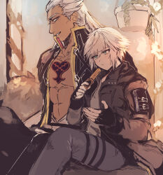  2boys abs ansem_seeker_of_darkness blue_eyes blush closed_mouth dark-skinned_male dark_skin fingerless_gloves gloves grey_hair hair_slicked_back highres holding kingdom_hearts lgw7 long_hair looking_at_another male_focus multiple_boys orange_eyes pants pectorals plant potted_plant riku_(kingdom_hearts) short_hair sitting spiked_hair yaoi 
