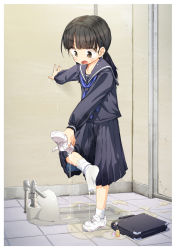 1girl :o arm_up bag bathroom black_hair black_sailor_collar black_shirt black_skirt blue_neckerchief blunt_bangs blush border briefcase brown_eyes collarbone crying embarrassed female_focus flat_chest full_body hair_tie heijitsu_(paapuu) highres holding holding_shoes holding_unworn_clothes leg_up loli long_hair long_sleeves looking_down neckerchief open_mouth original outstretched_arm pee pee_stain pee_trail peeing peeing_self pleated_skirt public_restroom puddle pulling_own_clothes ribbon sailor_collar school_bag school_uniform shirt shoes skirt sneakers socks solo squat_toilet standing standing_on_one_leg tearing_up tears tile_floor tiles toilet toilet_stall toilet_use twintails unworn_shoe unworn_shoes v-shaped_eyebrows water_drop wet wet_clothes wet_skirt white_border white_shoes white_socks rating:Questionable score:43 user:AngryZapdos