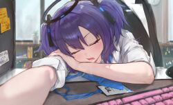  1girl b4mbo0 black_halo blue_archive blue_necktie closed_eyes computer_keyboard halo head_rest id_card lanyard mechanical_halo necktie open_mouth purple_hair saliva saliva_trail shirt sleeping two_side_up white_shirt yuuka_(blue_archive) 