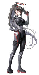  1girl absurdres black_bodysuit black_hair black_halo blue_archive bodysuit breasts commentary_request full_body gun halo hand_on_own_hip hand_up handgun highres holster impossible_bodysuit impossible_clothes large_breasts latex latex_bodysuit long_hair looking_at_viewer m1911 mohaka_(m_0haka) multicolored_bodysuit official_alternate_costume official_alternate_hairstyle ponytail red_eyes ringed_eyes rio_(blue_archive) rio_(bodysuit)_(blue_archive) simple_background skin_tight solo standing thigh_holster very_long_hair weapon white_background 