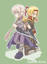  2boys armor assassin_(ragnarok_online) bandages bandages_over_clothes black_coat black_gloves black_shoes blonde_hair brown_shoes cape coat commentary_request copyright_name dagger dual_wielding flower flower_in_mouth full_body gloves gold_trim green_background grey_hair hair_ribbon hairband hiruankou holding holding_dagger holding_knife holding_weapon jamadhar knife long_sleeves looking_afar lowres multicolored_coat multiple_boys open_mouth pants pauldrons pink_flower priest_(ragnarok_online) purple_cape purple_pants purple_shirt ragnarok_online red_coat red_hairband red_ribbon ribbon shirt shoes short_hair shoulder_armor standing torn_cape torn_clothes two-tone_coat waist_cape weapon yellow_eyes 