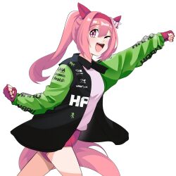  1girl ;d absurdres animal_ears arm_up black_jacket buruma clenched_hands clothes_writing commentary cowboy_shot english_commentary fingerless_gloves flower_in_eye formula_one gloves green_jacket hairband hand_up haru_urara_(umamusume) highres holeecrab horse_ears horse_girl horse_tail jacket kick.com long_hair multicolored_jacket nico_hulkenberg one_eye_closed open_clothes open_jacket open_mouth pink_buruma pink_gloves pink_hair pink_hairband ponytail real_life sauber shirt simple_background smile solo symbol_in_eye tail teeth trait_connection two-tone_jacket umamusume upper_teeth_only white_background white_shirt 