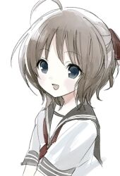  1girl ahoge amatsutsumi black_sailor_collar blue_eyes deezydays hair_ribbon looking_at_viewer minazuki_hotaru_(amatsutsumi) neckerchief open_mouth red_neckerchief red_ribbon ribbon sailor_collar school_uniform serafuku shirt short_hair simple_background solo upper_body white_background white_shirt 