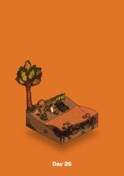 beach campfire commentary_request coral diorama gozz highres isometric leaf oar orange_background orange_theme original palm_leaf raft standing tree rating:General score:0 user:danbooru