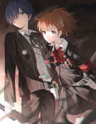  1boy 1girl black_jacket blue_eyes blue_hair bow brown_hair digital_media_player digital_walkman embers gekkoukan_high_school_uniform gun hair_ornament hair_over_one_eye hairclip hand_on_own_hip headphones highres holding holding_weapon holster jacket kenko_(hjlahh) long_sleeves persona persona_3 persona_3_portable red_eyes ribbon school_uniform shiomi_kotone shirt short_hair skirt smoke smoke_trail walkman_nw-s203f weapon white_shirt yuuki_makoto_(persona_3)  rating:General score:5 user:danbooru