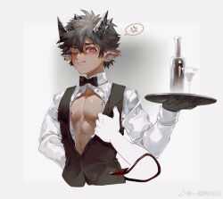  1boy abs anger_vein arknights black_bow black_bowtie black_gloves black_hair black_vest blush bottle bow bowtie chinese_commentary closed_mouth commentary_request demon_horns demon_tail disembodied_hand earrings gloves highres holding holding_tray horns jewelry looking_at_viewer male_focus muscular muscular_male odda_(arknights) one_eye_closed open_clothes open_shirt pectorals pointy_ears shirt speech_bubble spoken_anger_vein tail tray upper_body vest watermark weibo_watermark white_background white_shirt yi_tan_a_mi_ba 