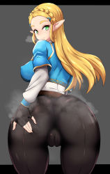 1girl ass black_gloves black_pants blush breasts cameltoe female_focus fingerless_gloves from_behind gloves grabbing_own_ass green_eyes grey_background heavy_breathing highres huge_ass large_breasts long_hair long_sleeves looking_at_viewer looking_back nintendo pants pointy_ears princess_zelda sidelocks solo steam steaming_body the_legend_of_zelda the_legend_of_zelda:_breath_of_the_wild thick_eyebrows tight_clothes tight_pants wlcmt rating:Questionable score:141 user:JustHere4Butts