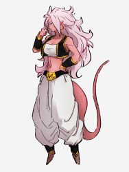  1girl android_21 breasts cleavage colored_skin cosplay dragon_ball dragon_ball_fighterz dragonball_z earrings full_body grey_background hand_on_own_hip hoop_earrings jewelry kemachiku long_hair looking_to_the_side majin_android_21 majin_buu majin_buu_(cosplay) medium_breasts midriff navel pink_skin pointy_ears simple_background solo tail white_hair  rating:Sensitive score:33 user:danbooru