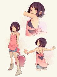 1girl absurdres armpits arms_behind_back bag bare_shoulders blue_shorts boots bracelet brown_eyes brown_footwear brown_hair child closed_mouth commentary_request dress full_body highres holding holding_bag jewelry legs looking_at_viewer miyu_(tiny_evil) muk_(monsieur) multiple_views outstretched_arms pink_dress short_hair shorts smile tiny_evil rating:Sensitive score:215 user:danbooru