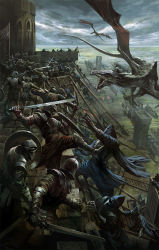  6+boys armor battle blood bracer broadsword buckler castle cloud cloudy_sky deep_wound defensive_wall dragon fantasy field gauntlets helmet hood injury kicking knight ladder male_focus mask medieval mouth_mask multiple_boys noba over_shoulder pixiv_fantasia pixiv_fantasia_fallen_kings shield siege siege_tower sky sword wall war weapon weapon_over_shoulder  rating:General score:19 user:danbooru