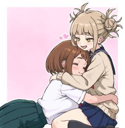 2girls black_socks blue_sailor_collar blue_skirt blunt_bangs blush bob_cut boku_no_hero_academia border brown_hair brown_serafuku closed_eyes double_bun fangs green_skirt hair_bun heart hug kneehighs lying multiple_girls nattocurryumeee on_stomach open_mouth outside_border pink_background pleated_skirt sailor_collar school_uniform serafuku shirt short_hair sidelocks simple_background sitting skirt socks teeth toga_himiko upper_teeth_only uraraka_ochako wariza white_border white_shirt yellow_eyes yuri