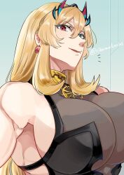  1girl barghest_(fate) barghest_(second_ascension)_(fate) blonde_hair breasts cibamatoxins cleavage commentary_request earrings fate/grand_order fate_(series) green_eyes heterochromia highres huge_breasts jewelry long_hair muscular muscular_female profile red_eyes see-through_cleavage see-through_clothes sideboob sleeveless solo twitter_username upper_body 