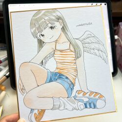  1girl angel_wings art_tools_in_frame artist_name bare_shoulders blunt_bangs breasts brown_eyes brown_hair camisole closed_mouth denim denim_shorts dot_mouth double-parted_bangs full_body highres long_hair looking_at_viewer medium_breasts nagomurasan original pastel_(medium) photo_(medium) shikishi shoes shorts signature simple_background sitting smile solo striped_camisole traditional_media white_background wings 