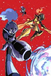  arm_blade arm_cannon armarouge armor ceruledge charcadet color_switch debudebumetabo fire glowing glowing_eyes group_picture highres knight nintendo pokemon pokemon_(creature) purple_armor purple_eyes purple_fire red_background red_eyes simple_background sword watermark weapon yellow_armor 