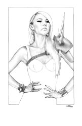  1girl 2ne1 armor asian blending border bracelet breasts cl_(rapper) dress earrings graphite_(medium) greyscale hair_behind_ear hands_on_own_hips jewelry k-pop logo long_hair looking_at_viewer mole mole_on_breast monochrome multiple_rings real_life realistic ring shoulder_armor shoulder_spikes small_breasts smile spiked_bracelet spikes sumo0172 traditional_media white_background white_border yg_entertainment 