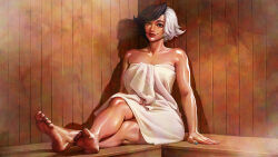  1girl azuma_yasuo barefoot black_hair blue_eyes brown_eyes feet foot_focus heterochromia highres indoors legs looking_at_viewer luna_snow marvel marvel_rivals multicolored_hair naked_towel sauna short_hair sitting soles solo split-color_hair sweat towel two-tone_hair white_hair 